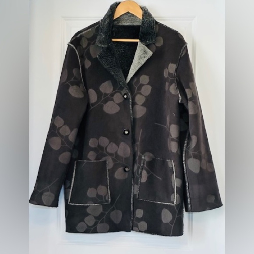 REGINA Coat Grey One-of-a-kind Reversible Microsuede Faux Fur Pkts Sz L XL